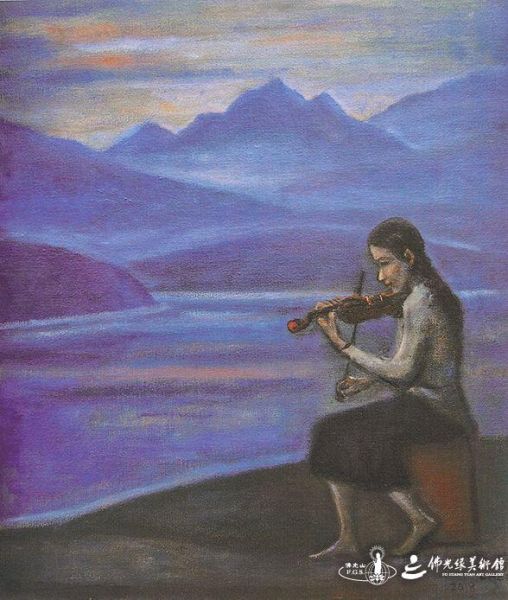 在日月潭邊拉小提琴 油畫 註:非常喜歡台灣的日月潭,許多超現實構圖的畫作,背景是心中懷念的日月潭,代表著對家鄉的思念。 20251130Paris-006